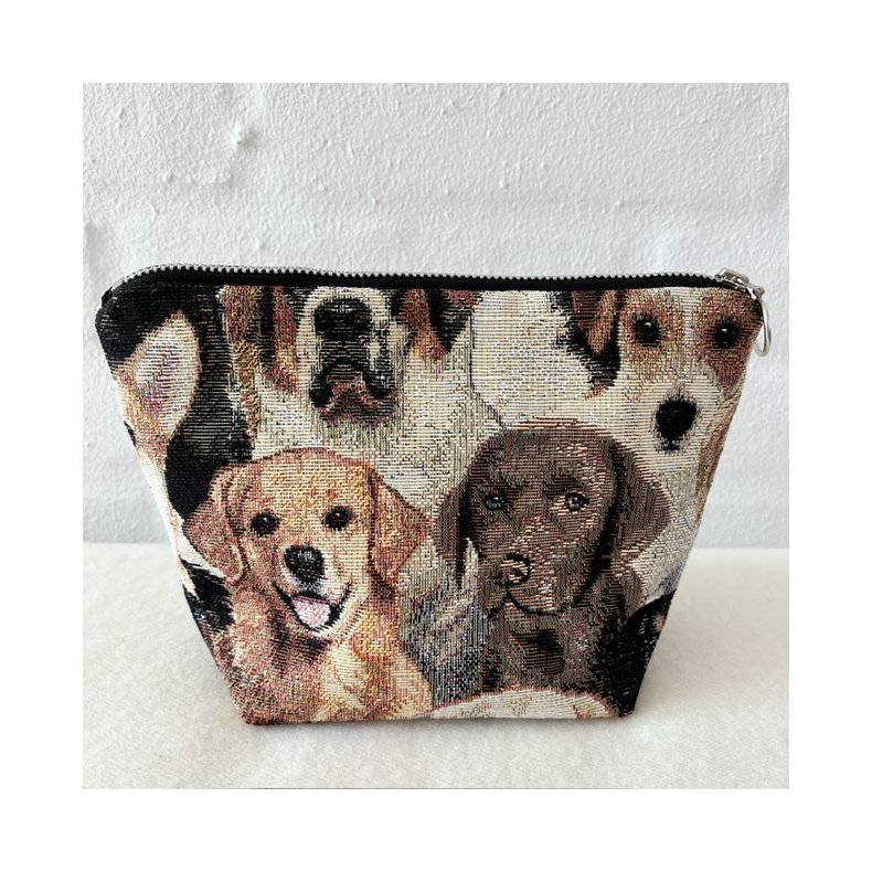 Kosmetikpung , makeup taske i gobelin med motiver af dejlige hunde