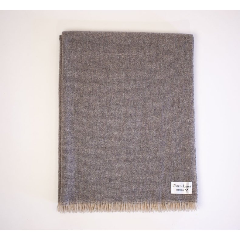 Tynd bl/beige uldplaid i 100 % Lambswool med korte frynser.