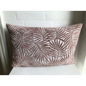 Pude med lys bund og med blade i rosa.