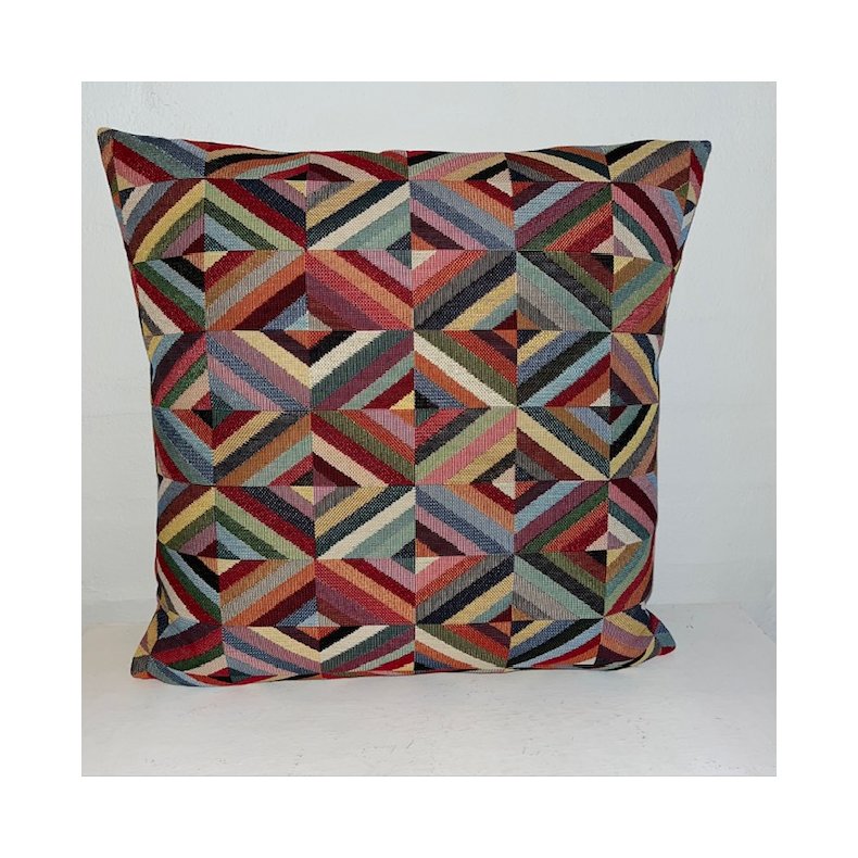Pude i gobelin med motiver af firkanter med striber inden i 40x40cm.