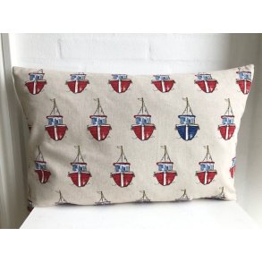 Pude/ sofapude /desigpude i lyst/ beige stof med motiver af rde og bl kuttere.